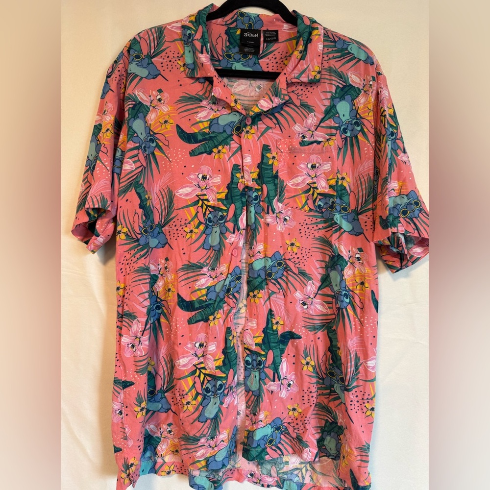Disney Stitch Hawaiian Shirt Tropical Aloha Button Up Pink Large